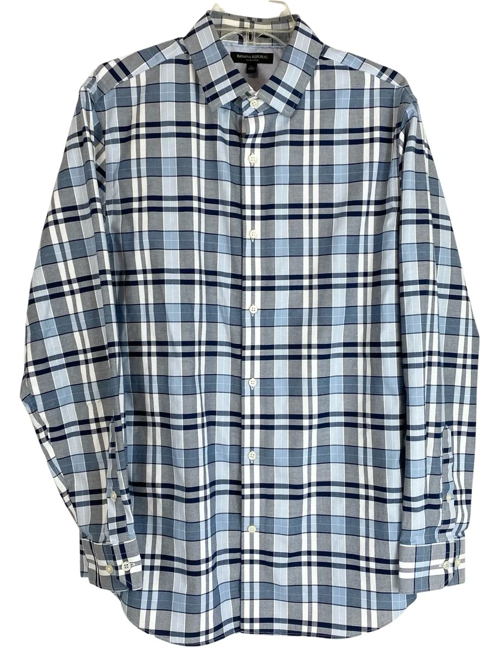 Banana Republic Grant Fit Men's Navy Plaid Button-Down No Iron Large 16-16 1/2